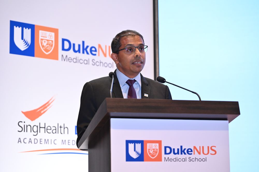 Devanand Anantham delivers his speech during the White Coat Ceremony in 2023, addressing Duke-NUS' newest medical students