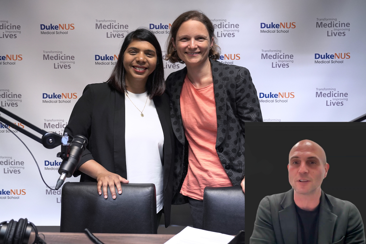 Podcast guests Rukie de Alwis and Erik Karlsson with host in studio