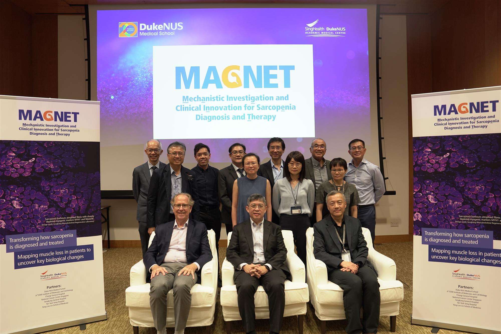 Professor Thomas Coffman, Professor Kenneth Mak, Director-General of Health (Guest-of-Honour), Professor Wang Yibin, healthcare leaders and the MAGNET theme Principal Investigators at the official launch of MAGNET // Credit: Duke-NUS Medical School